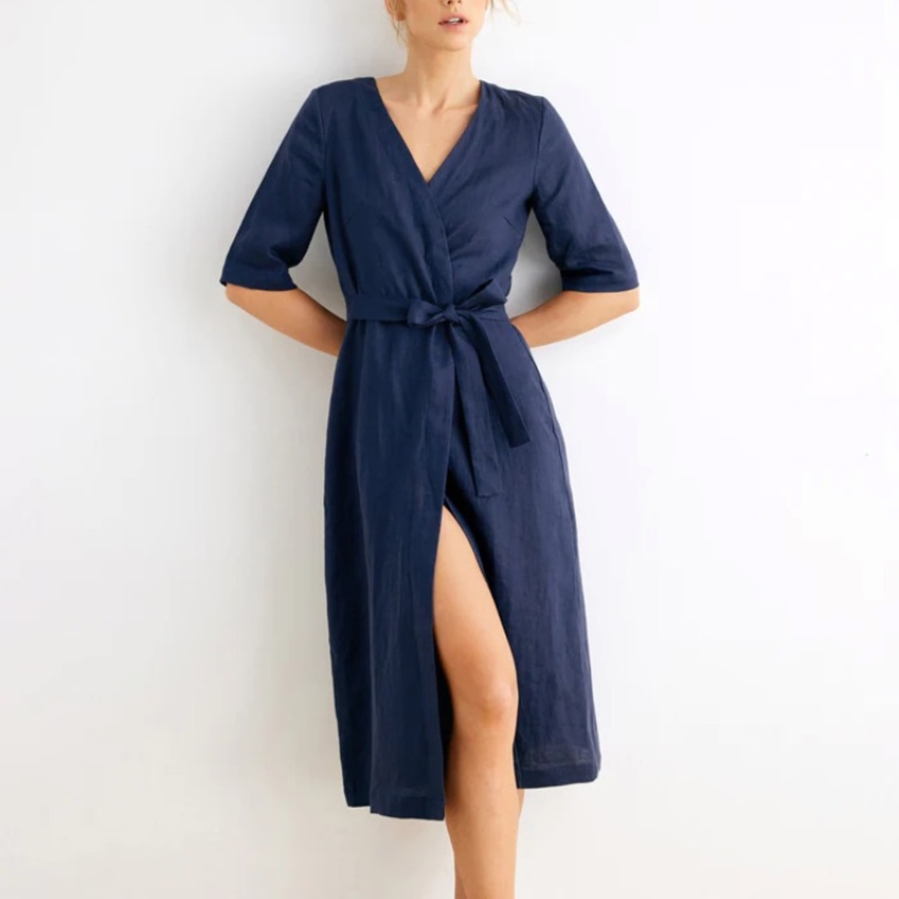 NWT Grae Cove Kiki Linen Midi Dress in Navy